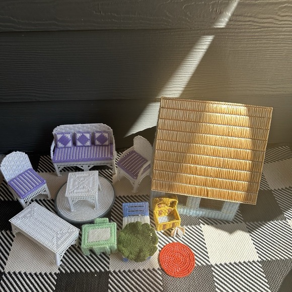 Vintage Handmade Plastic Canvas Needlepoint Doll House & Furniture Mini House - Picture 3 of 16